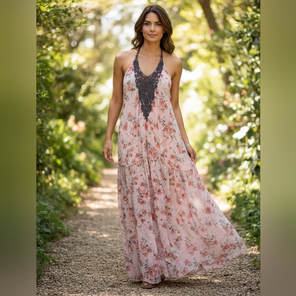 Floral Lace-Trim Halter Maxi Dress - Pink
